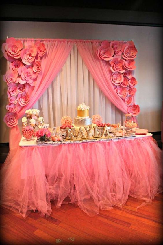 Decoración mesas de postres quinceañera color rosa