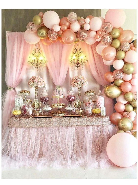 Mesas de dulces para quince años decoradas con globos