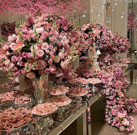 Mesa de dulces para quince años floral decorada con guirnaldas